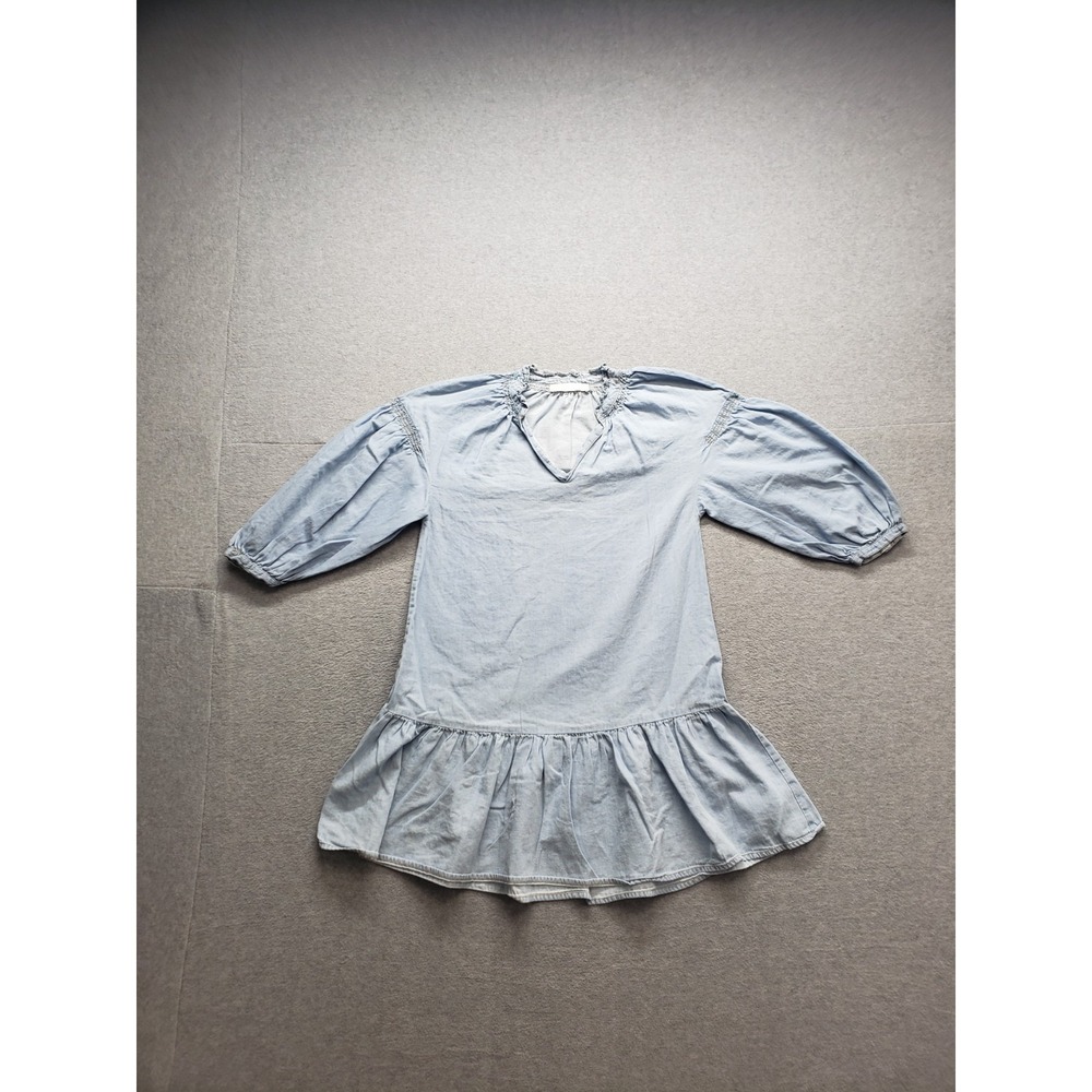Mng Women Mini Dress XS Light Blue Denim Flared Hem V Neck Puff Sleeve Casual